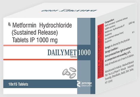 Dailymet 1000 Tablet is a medicine used to treat type 2 diabetes mellitus. It helps control blood sugar levels and thus prevent serious complications of diabetes. It is also used to treat a menstruation-related disorder known as Polycystic ovary syndrome (PCOS) in women.
