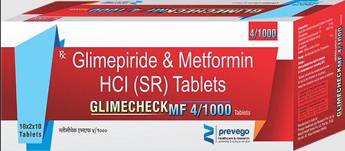 Each film coated bilayered tablets contains:- GLIMEPRIDE 4 MG + METFORMIN HYDROCHLORIDE (SUSTAINED RELEASE) 1000 MG SR.