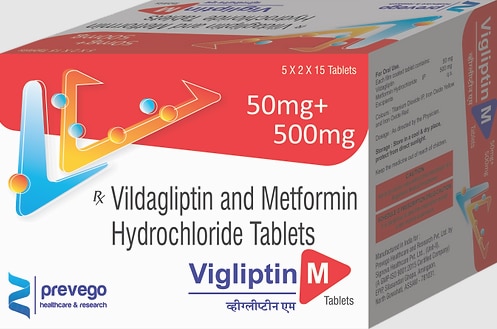Each film coated tablets contains:- VILDAGLIPTIN 50 MG + METFORMIN HYDROCHLORIDE 500 MG.