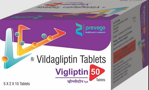VIGLIPTIN 50 Tablet is a medicine used to treat type 2 diabetes mellitus. It is used together with a healthy diet and regular exercise to control blood sugar levels. This helps to prevent serious complications of diabetes like kidney damage and blindness.