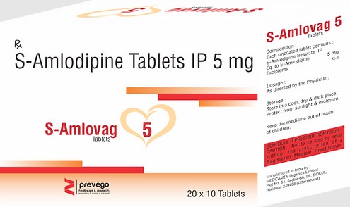 S-Amlovag 5 Tablet is a medicine used to treat high blood pressure (hypertension) and to prevent angina (heart-related chest pain). It is a calcium channel blocker which helps to lower blood pressure and reduce the workload of the heart. This helps prevent heart attacks and strokes.