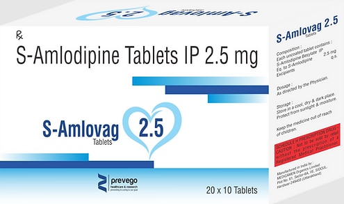 S-Amlovag 2.5 Tablet is a medicine used to treat high blood pressure (hypertension) and to prevent angina (heart-related chest pain). It is a calcium channel blocker which helps to lower blood pressure and reduce the workload of the heart. This helps prevent heart attacks and strokes.