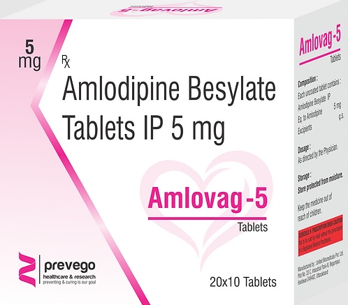 Amlovag 5 Tablet belongs to a class of medicines known as calcium channel blockers. It is used to treat high blood pressure (hypertension) and prevent angina (heart-related chest pain). It lowers blood pressure and reduces the heart's workload, which helps prevent heart attacks and strokes.