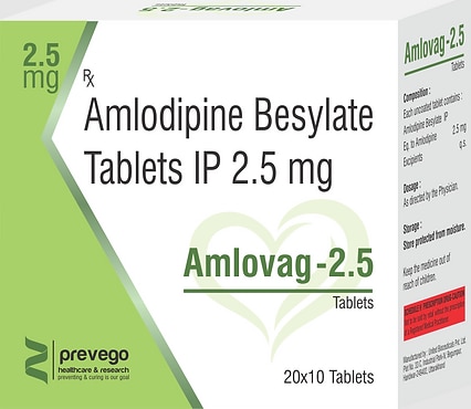 Amlovag 2.5 Tablet belongs to a class of medicines known as calcium channel blockers. It is used to treat high blood pressure (hypertension) and prevent angina (heart-related chest pain). It lowers blood pressure and reduces the heart's workload, which helps prevent heart attacks and strokes.