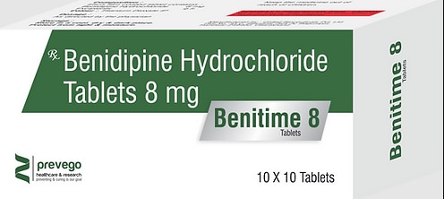 Benitime 8 Tablet belongs to a class of medicines known as calcium channel blockers. It is used to treat high blood pressure (hypertension) and prevent angina (heart-related chest pain). It lowers blood pressure and reduces the heart's workload, which helps prevent heart attacks and strokes.