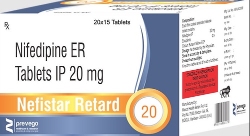 Nefistar Retard 20mg Tablet is a medicine used to treat high blood pressure (hypertension) and to prevent angina (heart-related chest pain). It belongs to a class of medicines known as calcium channel blockers. It lowers blood pressure and reduces the workload of the heart. This helps prevent heart attacks and strokes.