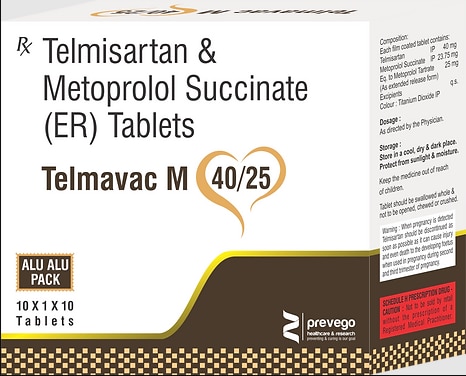 Telmavac M25 Tablet is a medicine used for treating high blood pressure. By lowering blood pressure, it helps in preventing future heart attacks and strokes. Early treatment with this medicine also improves the chances of survival in patients with heart attacks.