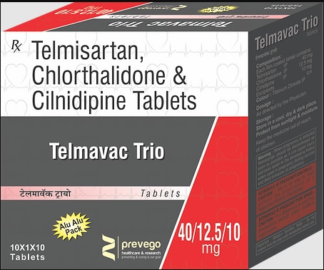 Each film coated tablets contains:- TELMISARTAN 40 MG + CILNIDIPIN 10MG + CHLOTHALIDONE 12.5MG.