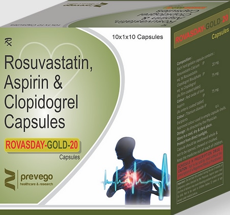 ROVASDAY GOLD 20 Capsule is used for prevention of heart attack. It is a combination of medicines that prevent clot formation in the blood vessels. It also helps to reduce increased cholesterol and triglycerides levels.