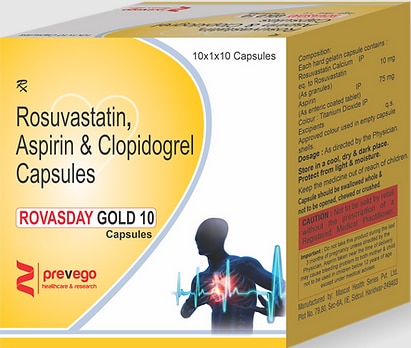 ROVASDAY GOLD 10 Capsule is used for prevention of heart attack. It is a combination of medicines that prevent clot formation in the blood vessels. It also helps to reduce increased cholesterol and triglycerides levels.