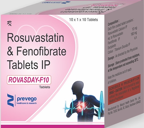 ROVASDAY F 10 Tablet is a combination of two lipids (fat) lowering medicines. It is used to lower the levels of lipids known as cholesterol and triglycerides in the blood when lifestyle changes (eg. low-fat diet) on their own have failed. This medicine helps to reduce the risk of heart disease.