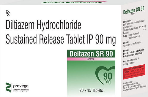 DELTAZEN 90SR Tablet is used to treat angina (heart-related chest pain), high blood pressure, and some types of irregular heartbeats (arrhythmia). It is known as a calcium channel blocker. It works by relaxing blood vessels to lower blood pressure. This helps to reduce the workload of the heart.