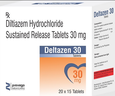 DELTAZEN 30 Tablet is used to treat angina (heart-related chest pain), high blood pressure, and some types of irregular heartbeats (arrhythmia). It is known as a calcium channel blocker. It works by relaxing blood vessels to lower blood pressure. This helps to reduce the workload of the heart.