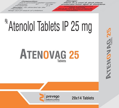 Atenovag 25 Tablet belongs to a group of medicines called beta-blockers. It is used to treat high blood pressure (hypertension), angina (heart-related chest pain), irregular heart rhythms (arrhythmia). It also helps to prevent future heart attacks and stroke and migraines.