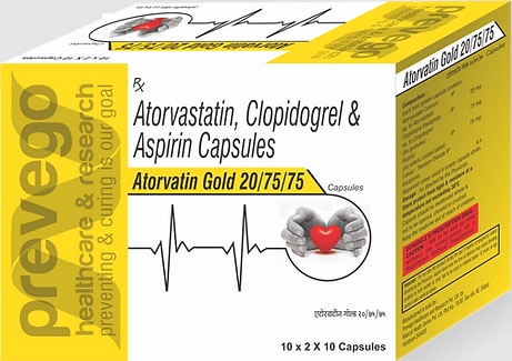 Each hard gelatin capsules contains:- ATORVASTATIN 20 MG + CLOPIDOGREL 75 MG + ASPIRIN 75 MG.