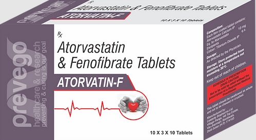 Each film coated tablets contains:- ATORVASTATIN 10MG +FINOFIBRATE 160 MG.