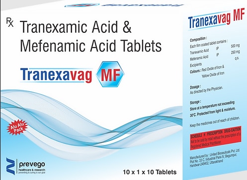 TRANEXAVAG MF Tablet is a combination medicine used to treat heavy menstrual bleeding and menstrual pain. It prevents the breakdown of blood clots to control excessive bleeding during periods. It also blocks the production of certain chemical messengers that cause pain and inflammation.