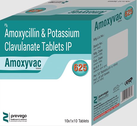 Amoxyvac 625Tablet is a penicillin-type of antibiotic that helps your body fight infections caused by bacteria. It is used to treat infections of the lungs (e.g., pneumonia), ear, nasal sinus, urinary tract, skin, and soft tissue. It will not work for viral infections such as the common cold.