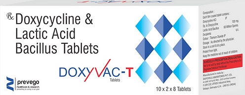 Doxyvac T Tablet is a combination medicine that is used to treat various types of bacterial infections. It prevents the growth of the microorganisms that cause the infection. It also prevents diarrhea which may occur as side effect of this medicine.