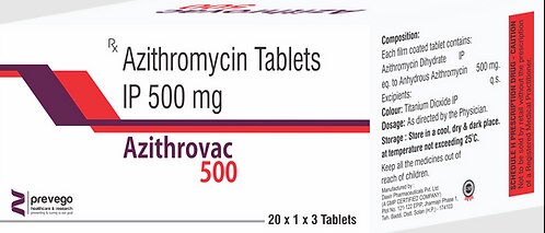 AZITHROVAC 500 Tablet is an antibiotic used to treat various types of bacterial infections of the respiratory tract, ear, nose, throat, lungs, skin, and eye in adults and children. It is also effective in typhoid fever and some sexually transmitted diseases like gonorrhea.