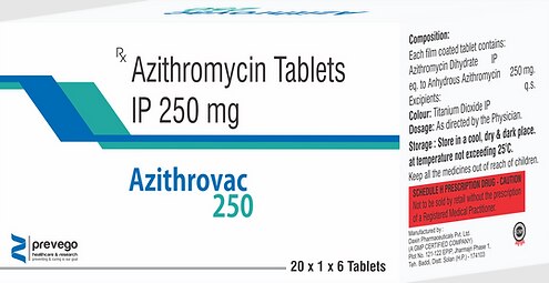AZITHROVAC 250 Tablet is an antibiotic used to treat various types of bacterial infections of the respiratory tract, ear, nose, throat, lungs, skin, and eye in adults and children. It is also effective in typhoid fever and some sexually transmitted diseases like gonorrhea.