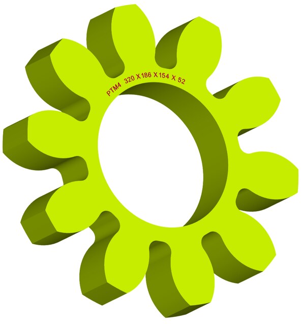 Material: Cast PolyurethaneSize: 1. OD With Petal: 320mm2. Ring OD: 186mm3. Ring Inner: 154mm4. Thickness: 50mm5. No. of Petal: 10We manufacture and provide high quality range of Spider Coupling. We complete focus in designing accurate size and dimension for perfect fitting.PTM Series Spider Range :PTM1, PTM2, PTM3, PTM4, PTM5, PTM6, PTM7, PTM8, PTM9, PTM10, PTM11, PTM12, PTM13, PTM14, PTM15, PTM16, PTM17, PTM18, PTM19 Additional Information:Delivery Time: 4 - 6 Working DaysPackaging Details: Standard