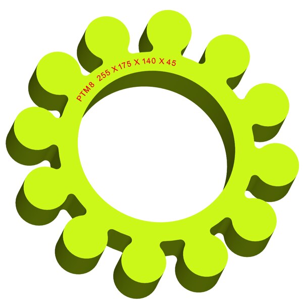 Material: Cast PolyurethaneSize: 1. OD With Petal: 255mm2. Ring OD: 175mm3. Ring Inner: 140mm4. Thickness: 45mm5. No. of Petal: 12mmWe manufacture and provide high quality range of Spider Coupling. We complete focus in designing accurate size and dimension for perfect fitting.PTM Series Spider Range :PTM1, PTM2, PTM3, PTM4, PTM5, PTM6, PTM7, PTM8, PTM9, PTM10, PTM11, PTM12, PTM13, PTM14, PTM15, PTM16, PTM17, PTM18, PTM19 Additional Information:Delivery Time: 4 - 6 Working DaysPackaging Details: Standard