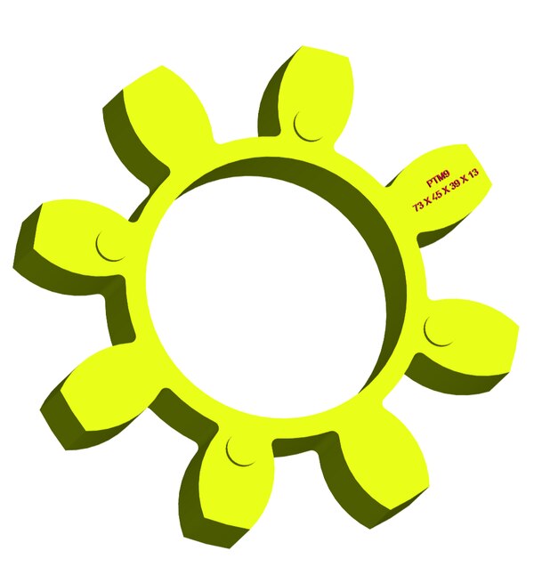Material: Cast PolyurethaneSize: 1. OD With Petal: 73mm2. Ring OD: 45mm3. Ring Inner: 39mm4. Thickness: 12mm5. No. of Petal: 8mmWe manufacture and provide high quality range of Spider Coupling. We complete focus in designing accurate size and dimension for perfect fitting.PTM Series Spider Range :PTM1, PTM2, PTM3, PTM4, PTM5, PTM6, PTM7, PTM8, PTM9, PTM10, PTM11, PTM12, PTM13, PTM14, PTM15, PTM16, PTM17, PTM18, PTM19 Additional Information:Delivery Time: 4 - 6 Working DaysPackaging Details: Standard