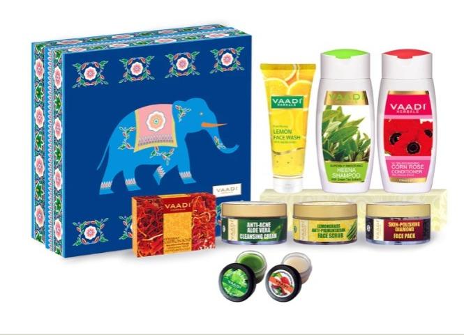 This exquisite gift box with a royal elephant on the cover has a true rich Indian tradition feel to it. It comprises of 9 products such as a shampoo and conditioner, an aromatic soap, a gentle face wash, a nourishing cleansing cream, a face scrub, a rich face pack and 2 delicious lip balms. This set is excellent for gifting purpose on any occasion and the products are suitable for all skin and hair types.