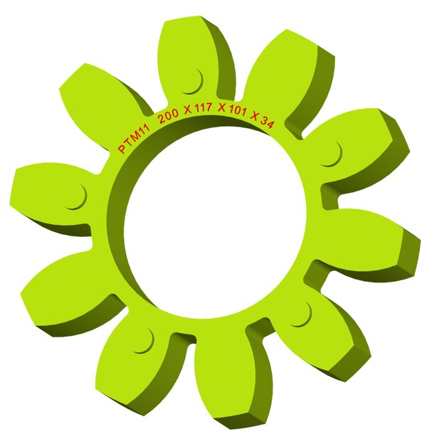 Material: Cast PolyurethaneSize: 1. OD With Petal: 200mm2. Ring OD: 117mm3. Ring Inner: 101mm4. Thickness: 34mm5. No. of Petal: 10We manufacture and provide high quality range of Spider Coupling. We complete focus in designing accurate size and dimension for perfect fitting.PTM Series Spider Range :PTM1, PTM2, PTM3, PTM4, PTM5, PTM6, PTM7, PTM8, PTM9, PTM10, PTM11, PTM12, PTM13, PTM14, PTM15, PTM16, PTM17, PTM18, PTM19 Additional Information:Delivery Time: 4 - 6 Working DaysPackaging Details: Standard