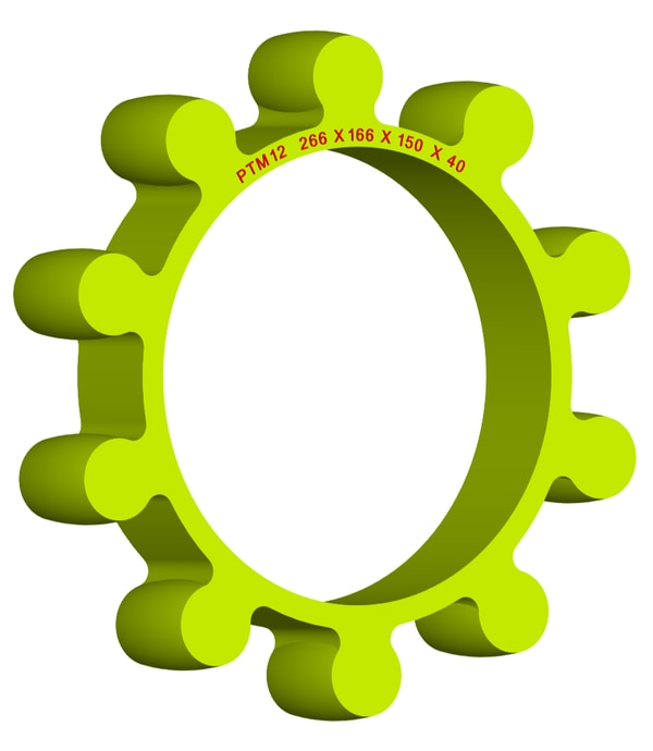 Material: Cast PolyurethaneSize: 1. OD With Petal: 266MM2. Ring OD: 166MM3. Ring Inner: 150MM4. Thickness: 40MM5. No. of Petal: 10We manufacture and provide high quality range of Spider Coupling. We complete focus in designing accurate size and dimension for perfect fitting.PTM Series Spider Range :PTM1, PTM2, PTM3, PTM4, PTM5, PTM6, PTM7, PTM8, PTM9, PTM10, PTM11, PTM12, PTM13, PTM14, PTM15, PTM16, PTM17, PTM18, PTM19 Additional Information:Delivery Time: 4 - 6 Working DaysPackaging Details: Standard