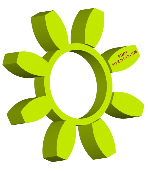 Material: Cast PolyurethaneSize: 1. OD With Petal: 213mm2. Ring OD: 111mm3. Ring Inner: 93mm4. Thickness: 34mm5. No. of Petal: 8We manufacture and provide high quality range of Spider Coupling. We complete focus in designing accurate size and dimension for perfect fitting.PTM Series Spider Range :PTM1, PTM2, PTM3, PTM4, PTM5, PTM6, PTM7, PTM8, PTM9, PTM10, PTM11, PTM12, PTM13, PTM14, PTM15, PTM16, PTM17, PTM18, PTM19 Additional Information:Delivery Time: 4 - 6 Working DaysPackaging Details: Standard