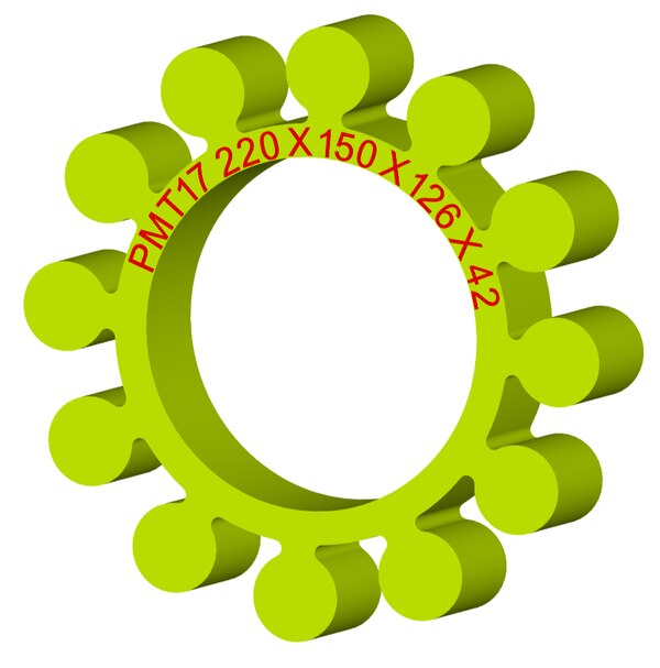 Material: Cast PolyurethaneSize: 1. OD With Petal: 220mm2. Ring OD: 150mm3. Ring Inner: 126mm4. Thickness: 42mm5. No. of Petal: We manufacture and provide high quality range of Spider Coupling. We complete focus in designing accurate size and dimension for perfect fitting.PTM Series Spider Range :PTM1, PTM2, PTM3, PTM4, PTM5, PTM6, PTM7, PTM8, PTM9, PTM10, PTM11, PTM12, PTM13, PTM14, PTM15, PTM16, PTM17, PTM18, PTM19 Additional Information:Delivery Time: 4 - 6 Working DaysPackaging Details: Standard