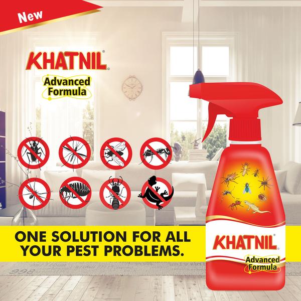 Presenting New Khatnil with Advanced Formula! Your All-in-one solution for all kinds of insect and pest problems at Home. The New Advanced Formula works on flying as well as crawling insects like mosquitoes, house flies, cockroaches, termites, bed bugs, ants and any other insects you may find in your home. Use the adjustable nozzle of the trigger pump on spray mode for flying insects and stream mode for crawling insects. Spray below the bed, around the wall near windows, below other furniture where insects usually appear once a week for sustained results. Khatnil Advanced Formula is a 100% liquid and 0% gas, it is a fast-acting product which leaves the room with a pleasant fragrance after application. Available in 4 sizes 100ml, 250ml, 500ml and 1 L.A fast action formula which helps to control all types of household flying & crawling insectsIt is Pleasant fragrance for comfortable usewith trigger pump with 2 modes - spray and stream100% liquid formulation, 0% gasHow to attach the nozzle?Remove the spray pump from the bottle.Attach the given pipe with a spray pump. Replace the plug with a spray pump and attached bottle.Rotate the spray pump nozzle to “Spray” mode for Flying insects like mosquitoes, flies, etc.Rotate the spray pump nozzle to “Stream” mode for Crawling insects like cockroaches, Bed bugs, ants, spiders, etc.Note: Do not press the trigger on “Off” mode it can damage the pumpWarning : Keep Away from Children and Pet Animals