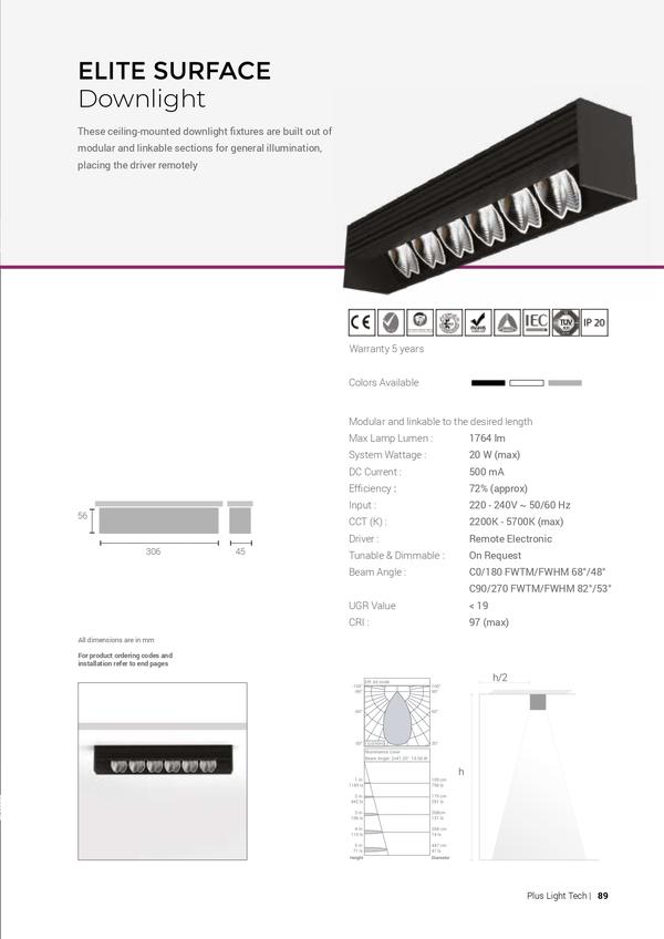 ELITE SURFACE DownlightThese ceiling-mounted downlight fixtures are built out of modular and linkable sections for general illumination, placing the driver remotelyModular and linkable to the desired lengthMax Lamp Lumen :  1764 lmSystem Wattage : 20 W (max)DC Current : 500 mAEfficiency : 72% (approx)Input : 220 - 240V ~ 50/60 HzCCT (K) : 2200K - 5700K (max)Driver : Remote ElectronicTunable & Dimmable : On RequestBeam Angle : C0/180 FWTM/FWHM 68°/48°C90/270 FWTM/FWHM 82°/53°UGR Value < 19CRI : 97 (max)