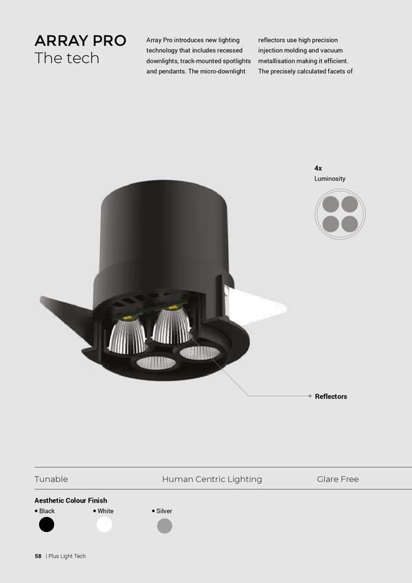ARRAY PRO LIGHTSArray Pro introduces new lighting technology that includes recessed downlights, track-mounted spotlights and pendants. The micro-downlight reflectors use high precision injection molding and vacuum metallisation making it efficient. The precisely calculated facets of the micro-downlights are not only aesthetically appealing but also help in homogenising the beam and increasing the quality of colour mixing with enhanced distribution. Choice of Reflectors This range truly explores the possibilities of lighting with each type of fixture compatible with every reflector.