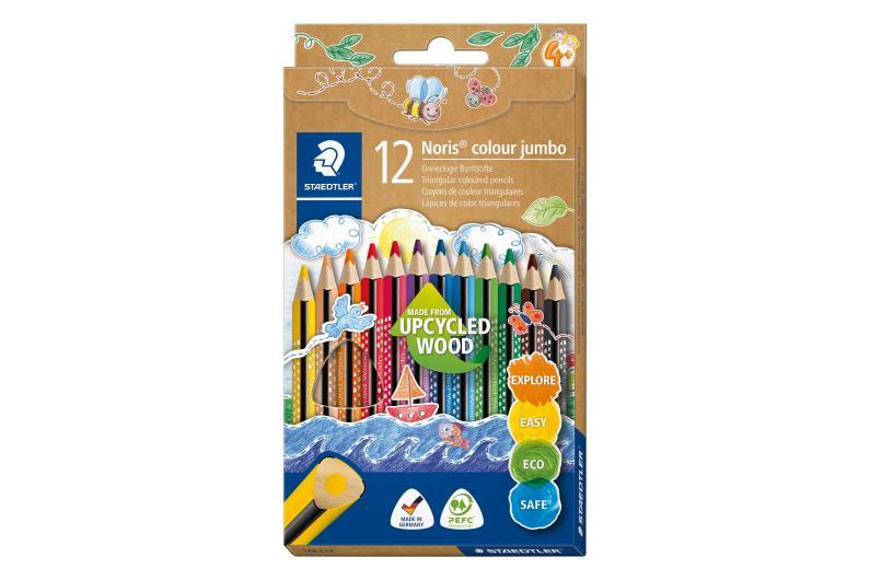 Perfect coloured pencil in triangular jumbo shape - Made from Upcycled WoodProduction with upcycled wood chipsBrilliant colours and rich leads for unlimited creativitySoft non-slip surface and high break-resistance for colouring fun without a careAttractive Noris stripe and stars designAvailable in 12 coloursWood content from PEFC-certified, sustainably managed forestsSharpener recommendation: Noris double-hole sharpener 512 128 or metal double-hole sharpener 510 20 for ideal sharpening results