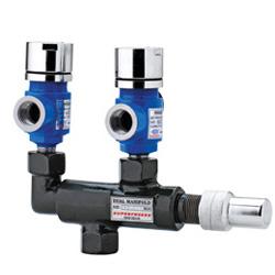 SUPERFREEZE SDM-Series In accordance with ANSI/ASHRAE 15-1994 Safety code for mechanical Refrigeration, pressure vessels having 10 cubic feet or more of internal gross volume, shall be fitted with dual pressure relief valves. This is typically accomplished using a pair of pressure relief valves inter connected via a three way dual Manifold. In this one valve remains operational, while the other is being replaced there by eliminating the need to remove refrigerant from the vessel.APPLICATIONS:These valves facilitate the parallel installation of pressure relief valves. Because three way valves will not isolate both pressures relief valves simultaneously, they are considered the only acceptable type of shut-off valve for use with refrigerant relief piping. Inlet and out let connections are threaded female.The valve stem should be positioned so that only one Pressure relief valve is activated. While the valve can be either front-seated or back-seated, the back-seated position is recommended for normal use because it takes pressure off the packing and reduces the possibility of packing leak.ADVANTAGES:Higher releasing capacityNo isolation valve required, which give more safety to the pressure vessel with at least one relief valve in operation.One valve can be removed for repairs at any time.