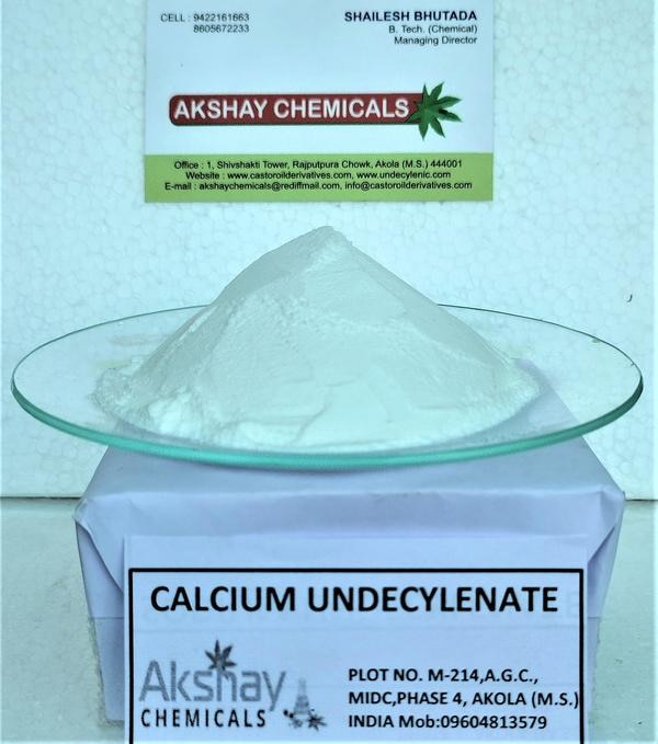 Akshay Chemicals is the Manufacturer, Supplier and also Exporter of Calcium Undecylenate.🔹 Calcium Undecylenate is an extremely effective, well-tolerated, broad-spectrum antifungal.It is a calcium salt of undecylenic acid (UA) derived by the vacuum distillation of castor bean oil.🔹 It’s an 11 carbon mono-unsaturated fatty acid (the antifungal properties of a medium chain fattyacid increases as the chain lengthens and peaks at 11 caprylic acid contains only 8 carbonchains). 🔹Several studies have demonstrated that undecylenic acid is 4-5 times as powerful anantifungal agent as caprylic acid in the same dosage.🔹 Calcium Undecylenate is a White fine powder practically insoluble in water, in ether, in alcohol,in chloroform, in acetone, and in cold alcohol, slightly soluble in hot alcohol.🔹 Calcium Undecylenate is also known as Undecylenic Acid Calcium Salt, Calcium Salt of UndecylenicAcid which is classified under CAS No. 1322-14-1.🔹 Calcium Undecylenate is used for its anti-fungal properties.🔹 Calcium Undecylenate is a very economical anti-fungal agent and is used as an active ingredient inmany topical over the counter anti-fungal preparations, both powders and ointments.🔹 Calcium Undecylenate an extremely effective, well-tolerated, broad-spectrum anti-fungal.🔹 Calcium Undecylenate derived by the vacuum distillation of castor bean oil.🔹Calcium Undecylenate is reported to be specially effective for athletes’ foot and similar infections.USES🔸 Calcium Undecylenate is used as an active ingredient in powders and ointments for athlete’s foot.
