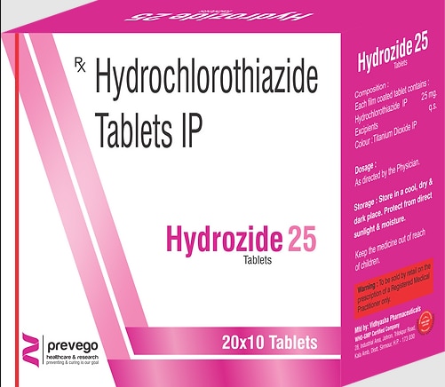 Hydrozide 25 Tablet is a diuretic (water pill) medicine used to treat hypertension (high blood pressure). This medicine reduces excess fluid levels in the body and treats edema (fluid overload) associated with heart, liver, kidney, or lung disease.