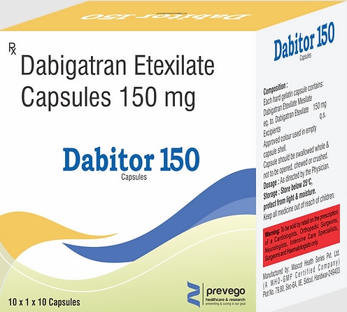 Dabitor 150mg Capsule is an anticoagulant or blood thinner. It helps prevent and treat blood clots. It is used to reduce the risk of stroke and heart attack. It prevents and treats clot formation in the veins of your legs, lungs, brain, and heart.