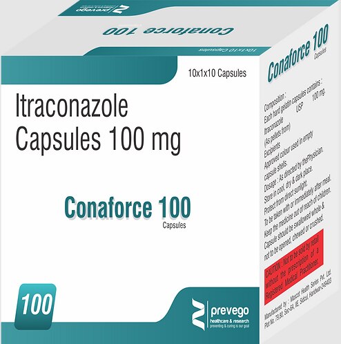 Conaforce 100 Capsule belongs to a group of medicines called antifungals. It works by stopping the growth of fungi and is used to treat infections of the mouth, throat, vagina, and other parts of the body including fingernails and toenails. It kills fungi by destroying the fungal cell membrane.