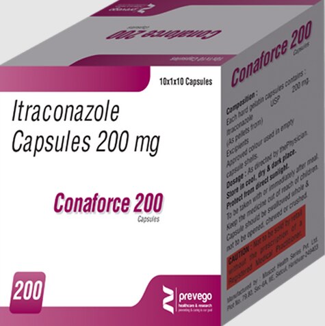 Conaforce 200 Capsule belongs to a group of medicines called antifungals. It works by stopping the growth of fungi and is used to treat infections of the mouth, throat, vagina, and other parts of the body including fingernails and toenails. It kills fungi by destroying the fungal cell membrane.