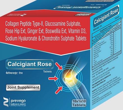 Glucosamine 500mg +Collagen Peptide Type-II 200mg.+Chondroitin Sulphate Sodium 100mg + Rose hip Extract 10mg.+ Ginger Extract 10mg.+Boswellia Extract 2mg. + Vitamin D3 200 I.U. +Vitamin B1 1mcg.+Zinc 5mg.+ Coppe 1mcg.+Sodium Hyaluronate 30mg.