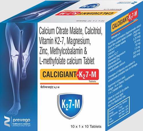 Each Film coated tablets contains: -CALCIUM 1000mg + CALCITRIOL 0.25mcg + VITAMIN K27 45mcg + MAGNESIUM 50mg +ZINC 7.5mg + METHYCOBALAMIN 1000ng.+ L-METHYLFOLATE CALCIUM 800mcg.