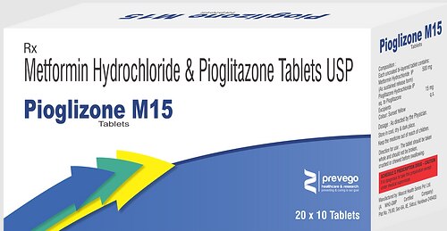 Pioglizone M15 Tablet is a combination medicine that helps control blood sugar levels. This medicine is used together with diet and exercise to improve blood sugar control in adults with type 2 diabetes mellitus. It helps in proper utilisation of insulin, thereby lowering the blood sugar level.