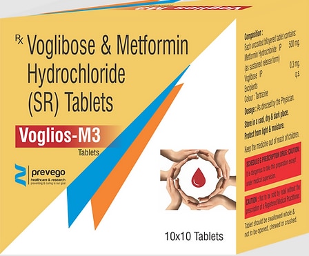 Voglios M3Tablet belongs to a category of medicines known as anti-diabetic drugs. It is a combination of medicines used to treat type 2 diabetes mellitus in adults. It helps control blood sugar levels in people with diabetes.
