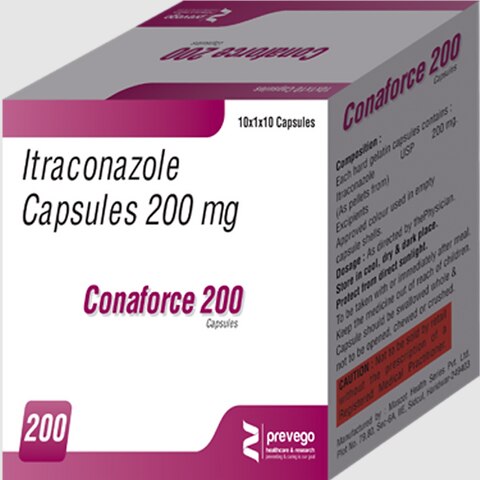 Conaforce 200 Capsule belongs to a group of medicines called antifungals. It works by stopping the growth of fungi and is used to treat infections of the mouth, throat, vagina, and other parts of the body including fingernails and toenails. It kills fungi by destroying the fungal cell membrane.