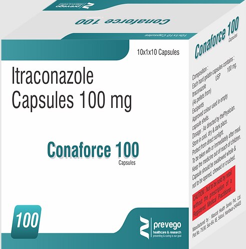 Conaforce 100 Capsule belongs to a group of medicines called antifungals. It works by stopping the growth of fungi and is used to treat infections of the mouth, throat, vagina, and other parts of the body including fingernails and toenails. It kills fungi by destroying the fungal cell membrane.