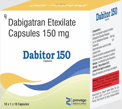Dabitor 150mg Capsule is an anticoagulant or blood thinner. It helps prevent and treat blood clots. It is used to reduce the risk of stroke and heart attack. It prevents and treats clot formation in the veins of your legs, lungs, brain, and heart.